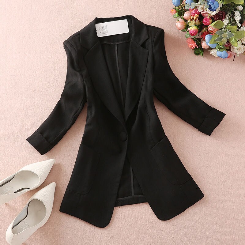 Dam Blazer Monokrom Bomull Polyester Linne Elegant Komfortabel Klassisk Passform 8