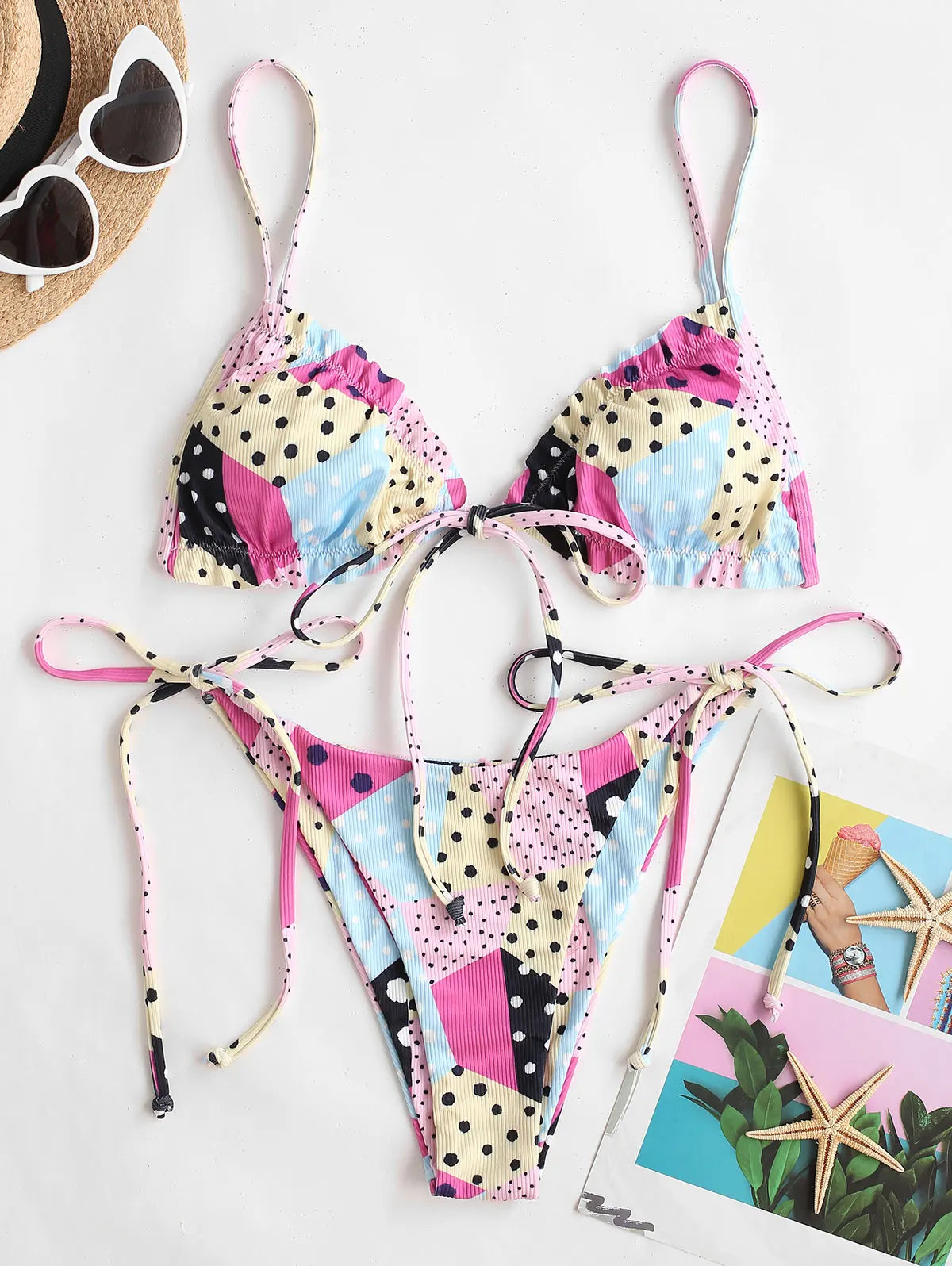 Dam T-shirt Patchwork Tryck Ribbad 100% Bomull-1