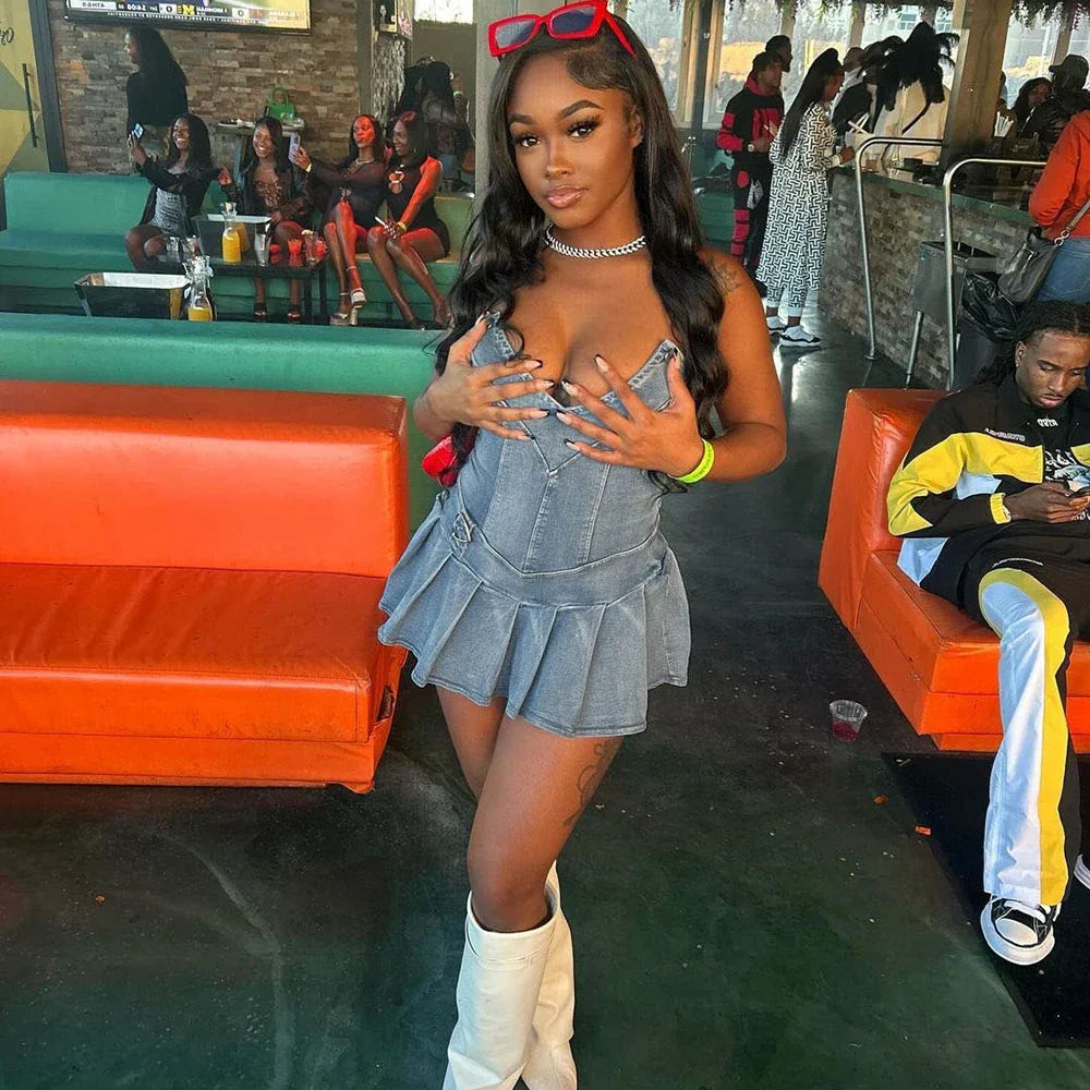 Dam Miniklänning Draperad Denim Slim Fit-3