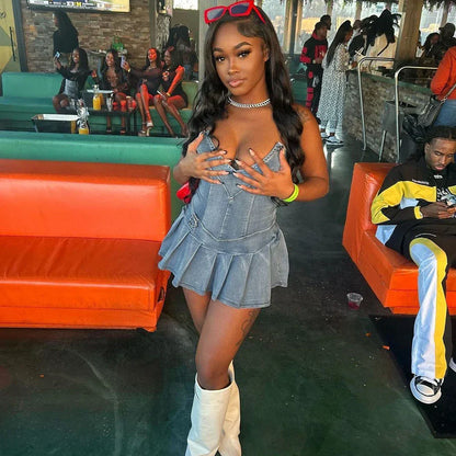 Dam Miniklänning Draperad Denim Slim Fit-3