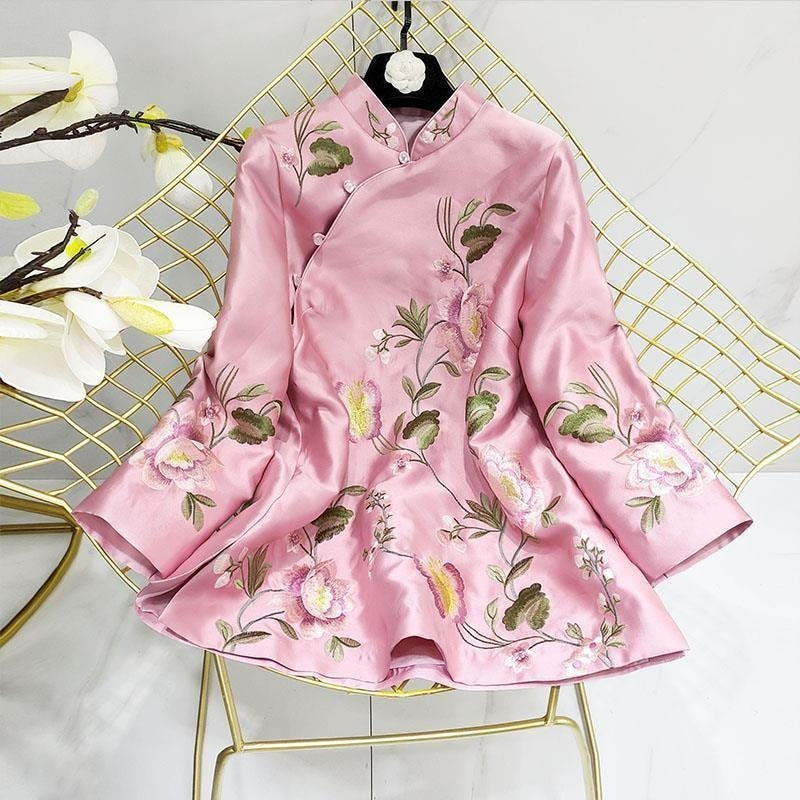 Variant image for Dam Blus Blommigt Broderi Polyester Stativkrage-2