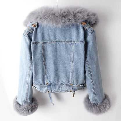 Dam Kappa Avtagbar Krage Denim med Tvättbjörnpäls-3