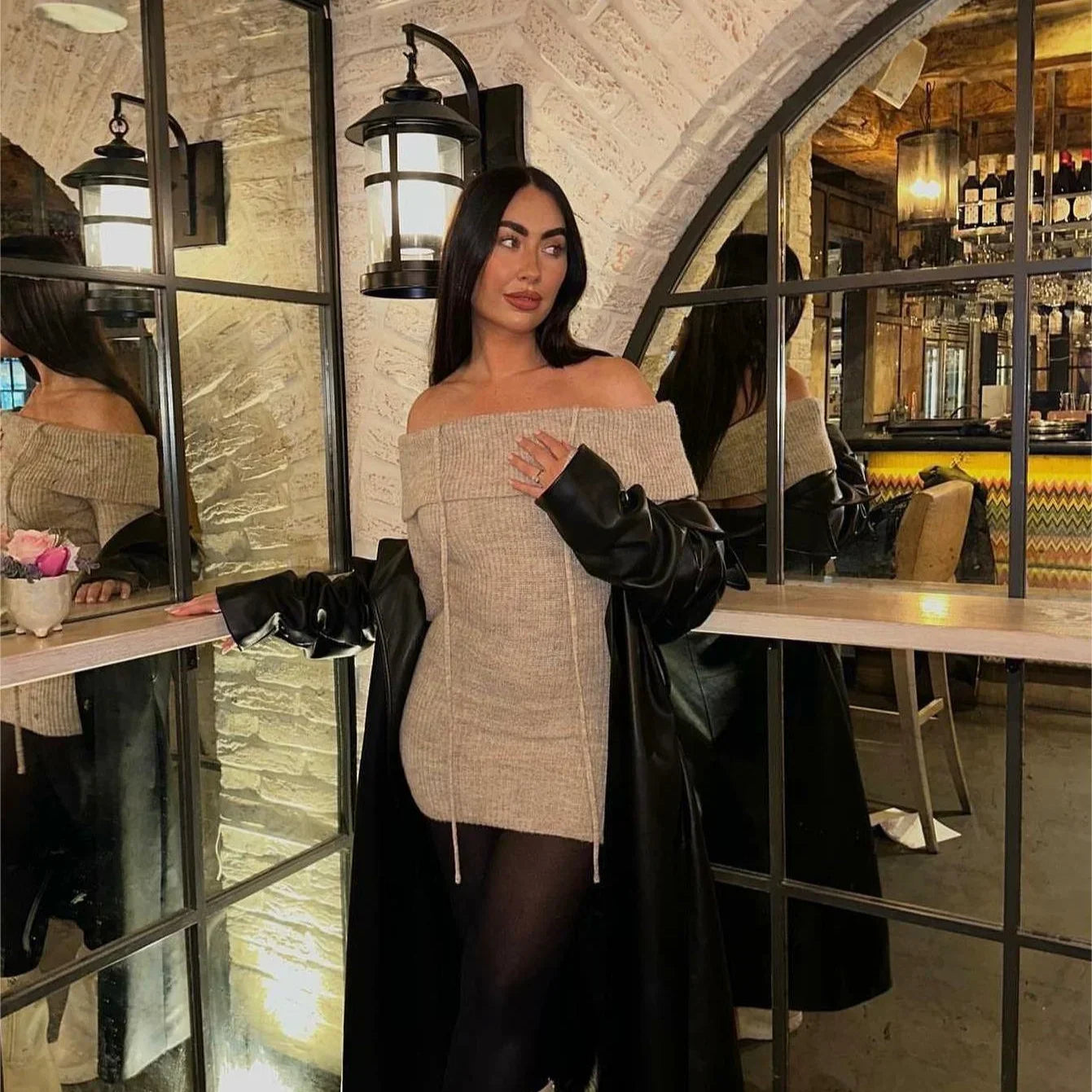 Dam Axelfri Klänning Bodycon Stickad Polyester-2