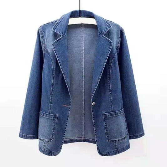 Dam Blazer Slimmad Denim Modern Stil med Reverskrage-1