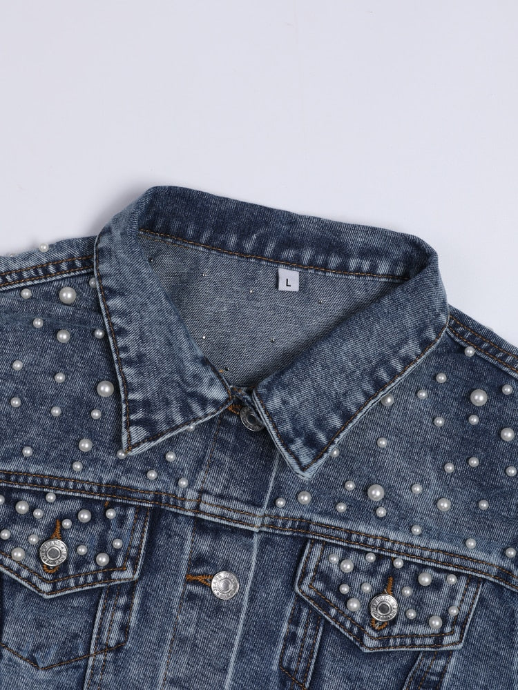 Dam Jeansjacka Klassisk Denim med Pärldekoration-2