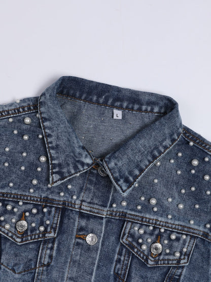 Dam Jeansjacka Klassisk Denim med Pärldekoration-2