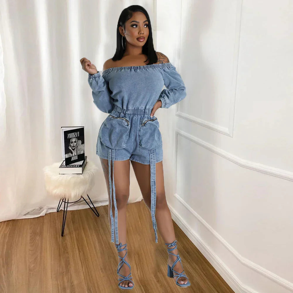 Dam Jumpsuit Löst Snitt Denim med Fickor Polyester-Bomull-2