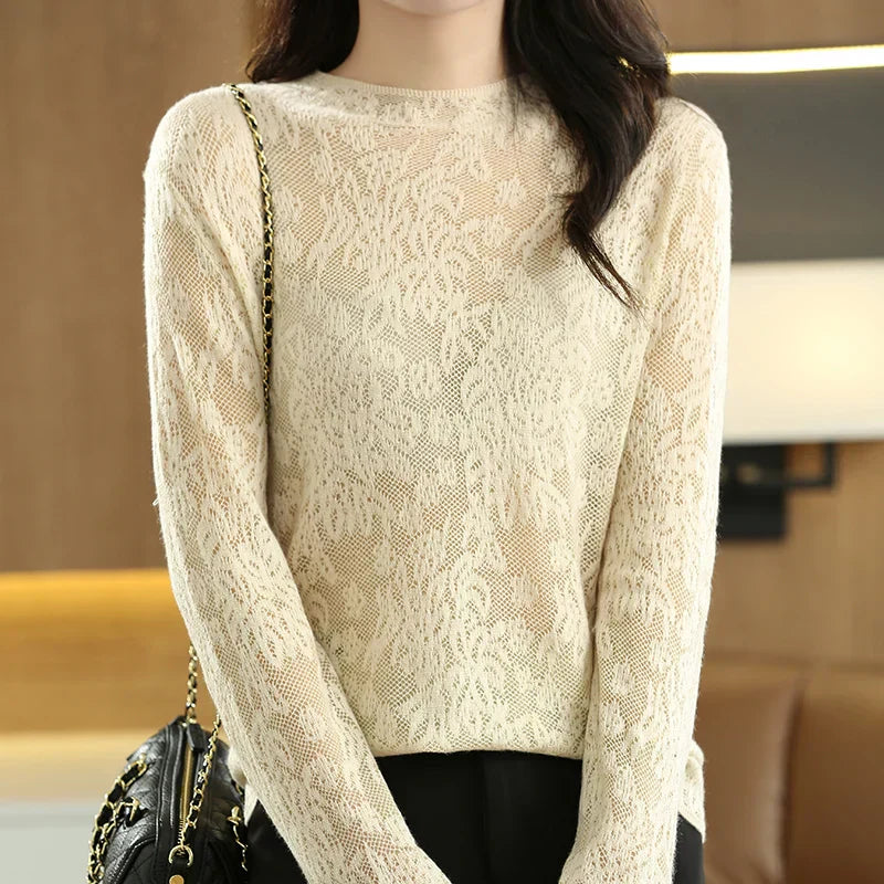 Stickad Dam Tröja i Ull Tidlös Design Värmande Material-5