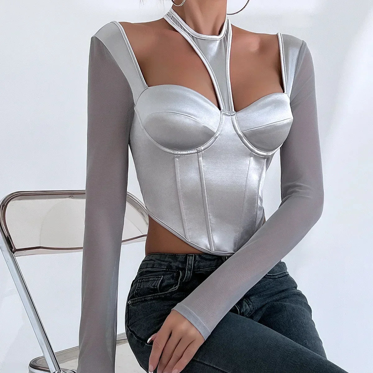 Variant image for Festtoppar Dam Kortärmad Polyester Crop Top-4