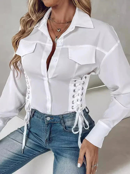 Vit Skjorta Dam med Lång Ärmar och Spetsdetaljer i Polyester – Elegant Blus för Vardagsbruk 3