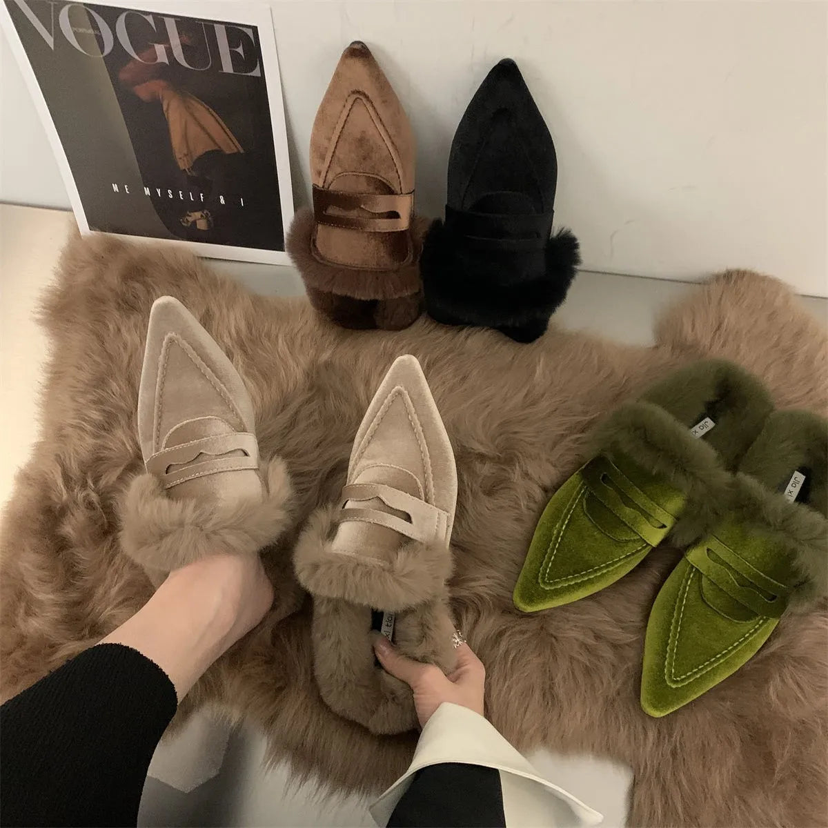 Dam Mules Flockmaterial Låg Häl Fyrkantig Gummisula-2