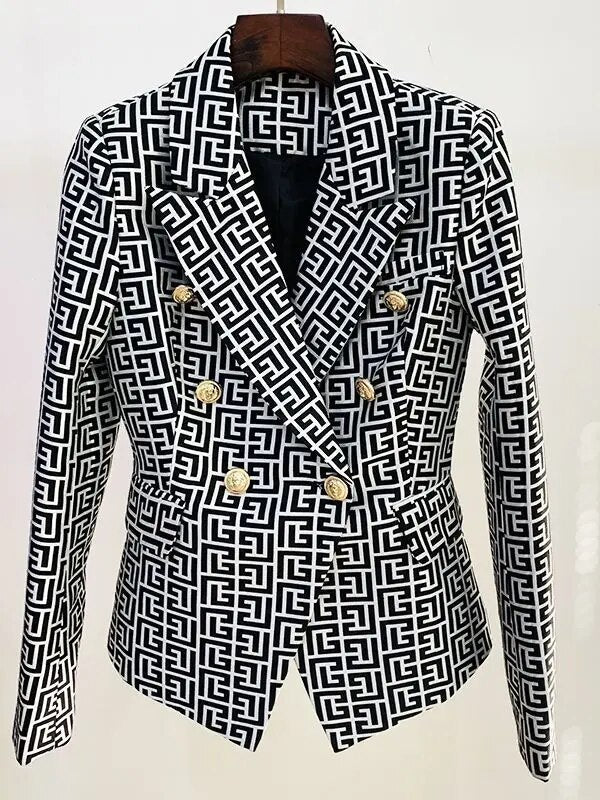 Dam Blazer Geometriskt Mönster Polyester med Regelbundna Ärmar och Dubbelradig Stängning-1