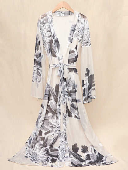 Damen-Pyjama-Set, geblümt, knöchellang, Polyester mit langen Ärmeln-6