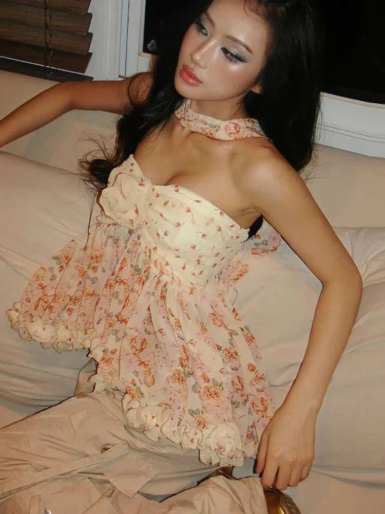 Dam Festtopp Blommönster Polyester-Spandex Elegant Samlad Design-2