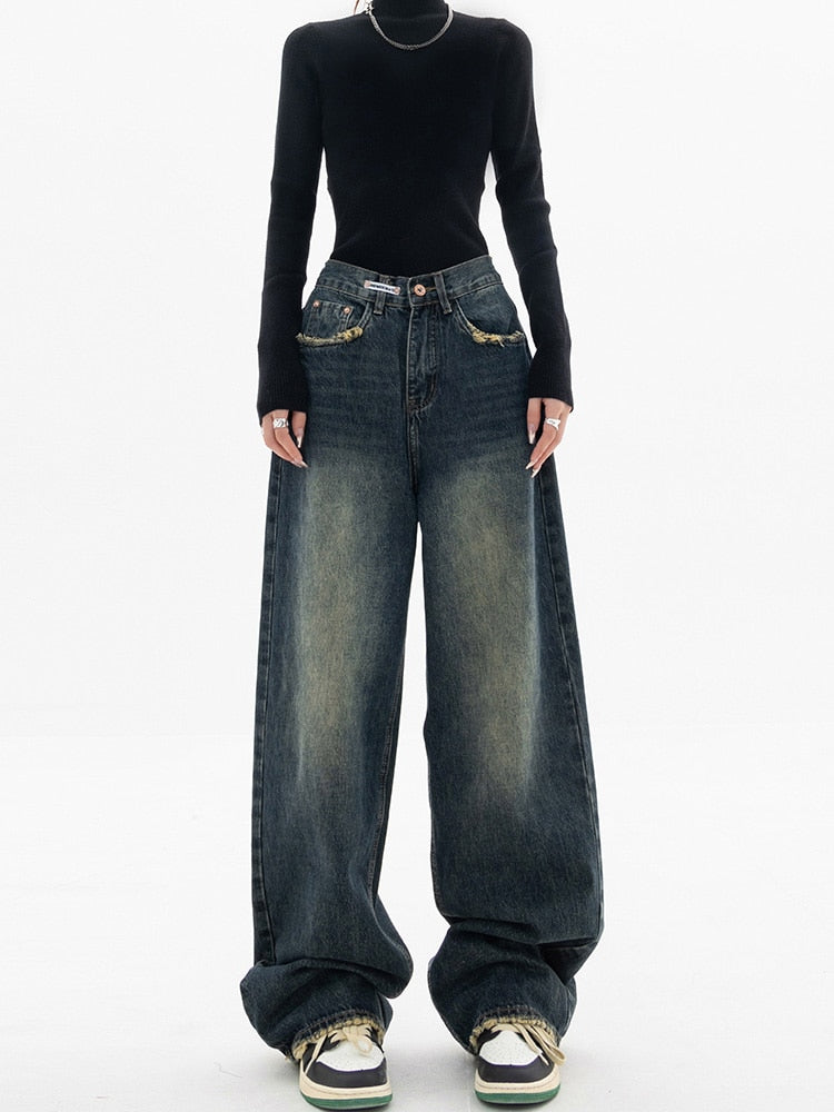 Kvinnors Baggy Wide Ben Jeans Hög Midja Denim 4
