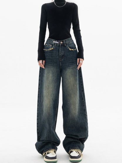 Kvinnors Baggy Wide Ben Jeans Hög Midja Denim 4