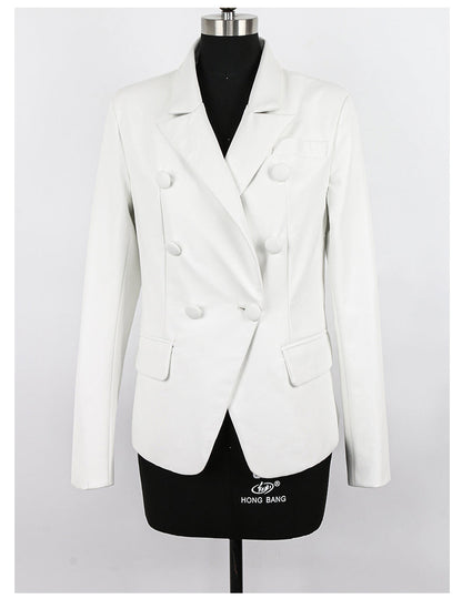 Dam Blazer Trendig Syntetiskt Läder Spetsig Krage Relaxed Fit-6