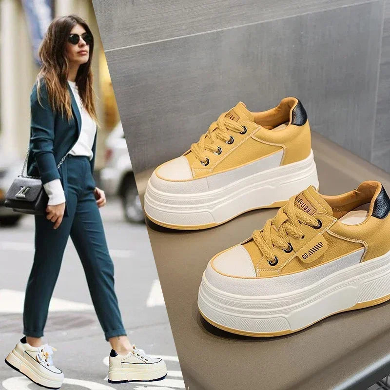 Dam Sneakers Hög Klack Läder Vadderad Sula-5