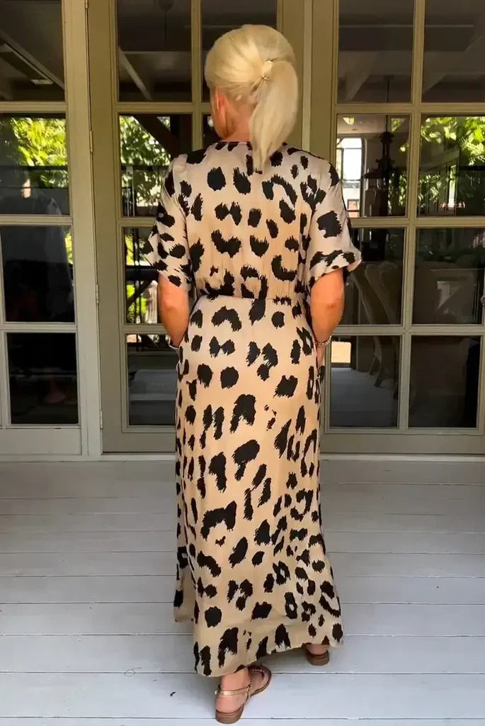 Dam Klänning Leopardmönster V-halslinje Lätt Polyester Lösa Passform-2