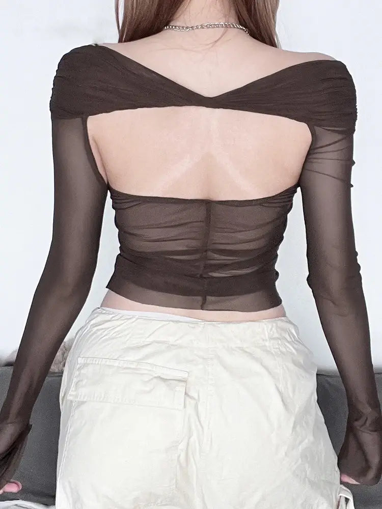Dam Crop Top Ihålig Design Polyester Trendig Short Sleeve-5