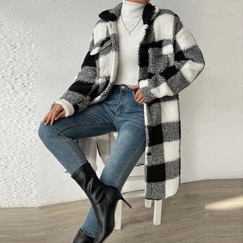 Variant image for Lång Vinterjacka Dam Rutig Lammull Elegant Stil-5