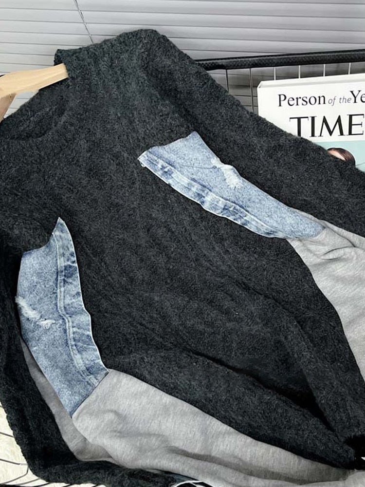 Dam Tröja Långärmad Patchwork Polyester Akryl Bomull-3