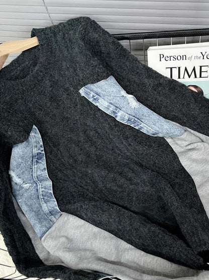 Dam Tröja Långärmad Patchwork Polyester Akryl Bomull-3