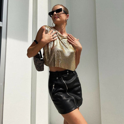 Dam Tanktop Kort Snitt med Paljetter Polyester och Linne 2