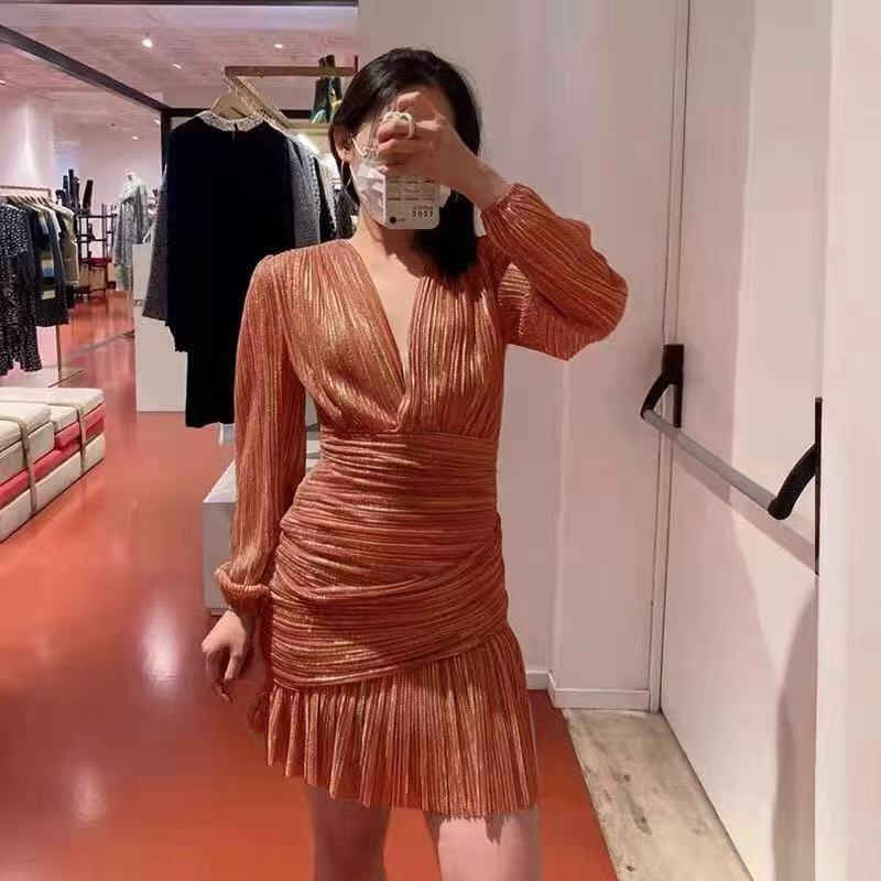 Kvinnors Mini Klänning A-Line Polyester Ballongärmar V-ringning-6