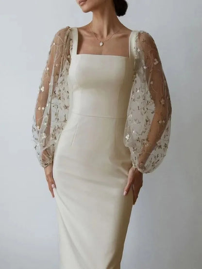 Kvinnors Festklänning Långärmad Asymmetrisk Satin Chiffong-6