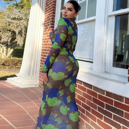 Maxiklänning Dam Blommig Design Lång Ärmar Polyester-2