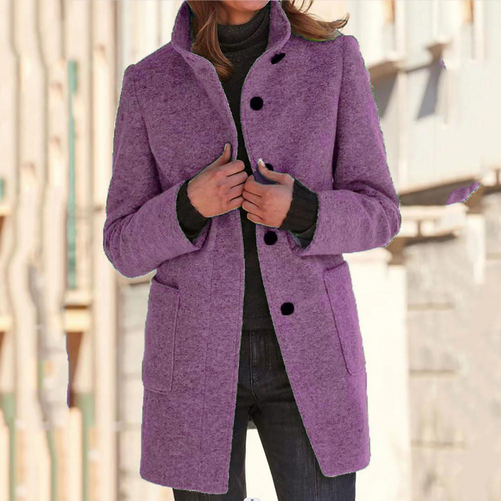 Lång Jacka Dam Stående Krage Polyester Elegant Vinterjacka-4