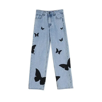 Kvinnor Baggy Jeans Fjärilstryck 100% Bomull-6