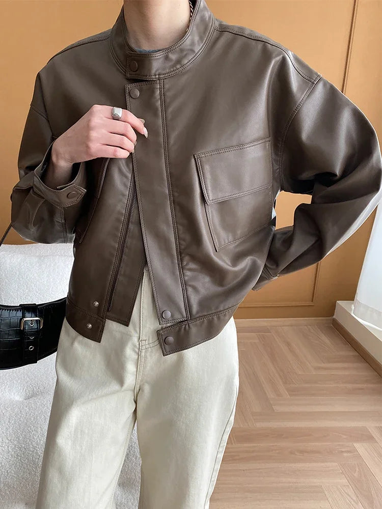 Herrjacka Syntetiskt Läder Modern Design med Dragkedja och Fickor-5