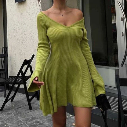 Kvinnors Axel-fri Klänning Rippad Stickad-1