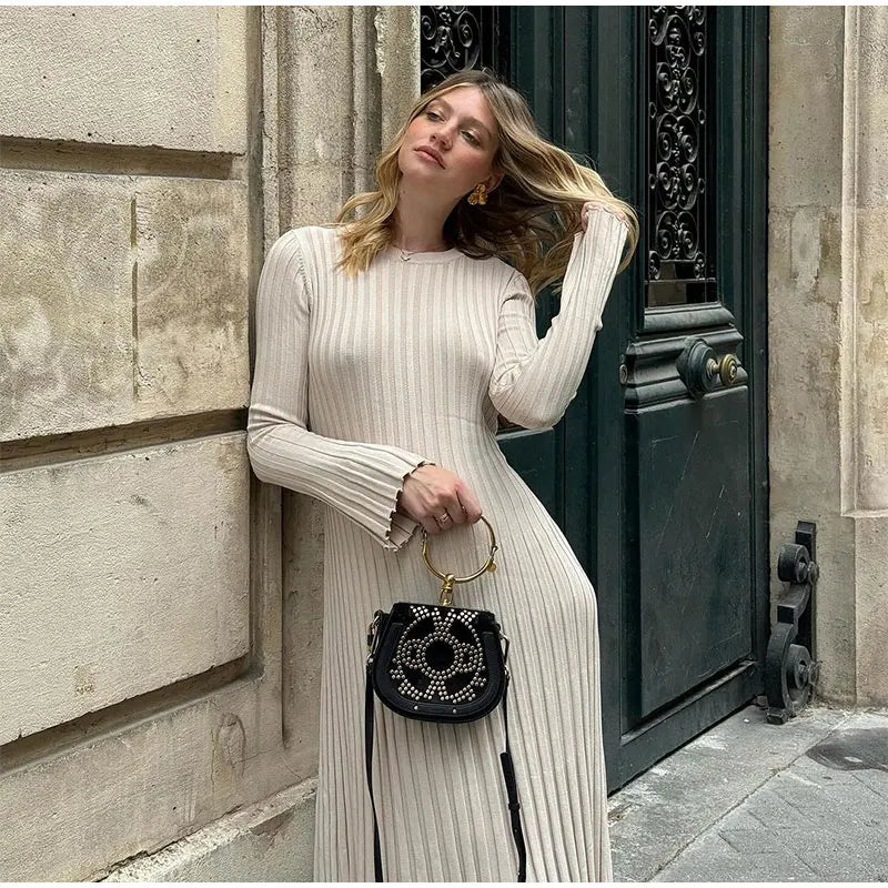 Maxiklänning Dam Långärmad Mjuk Bomullsblandning Grön-6