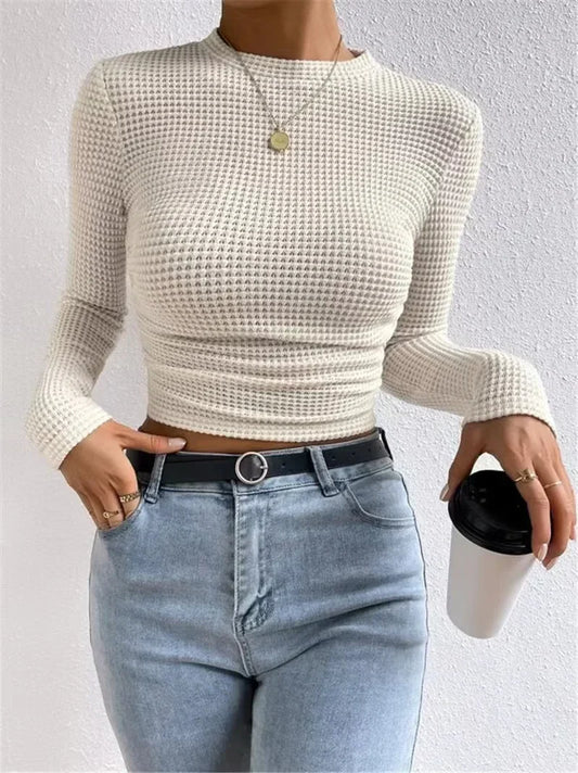 Dam Stickad Ribbad Långärmad Tröja Tätt Passande 100% Bomull-1