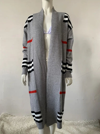 Lång Kofta Dam Stickad Randig Design i 100% Akryl – Trendig Lång Cardigan för Höst och Vinter 3