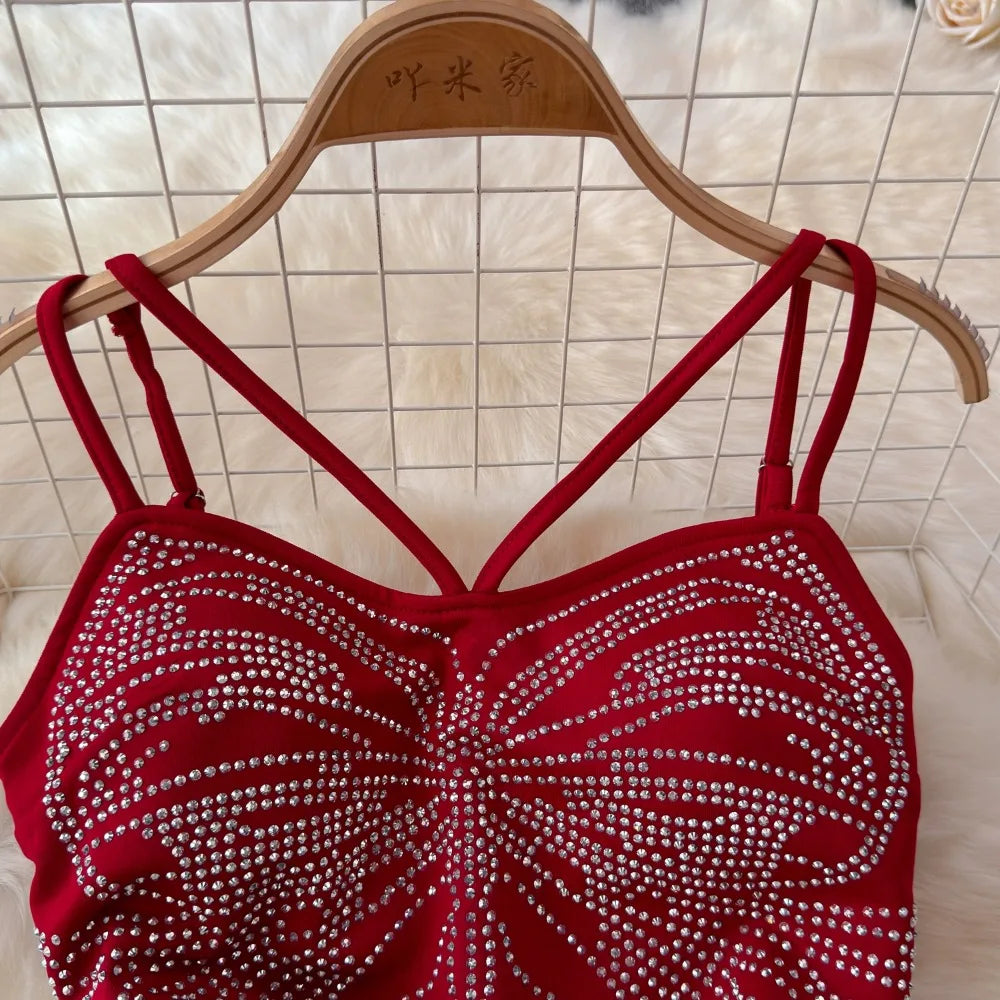Dam Maxiklänning V-Hals Crystal Detaljer Bomull Polyester Spandex 3