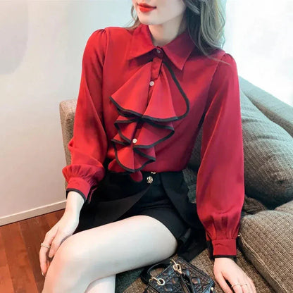 Dam Blus Klassisk Monokrom Polyester Lång Ärme-3