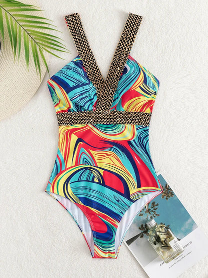 Baddräkt Dam Monokini Rygglös Retro Design Nylon Elastan-2