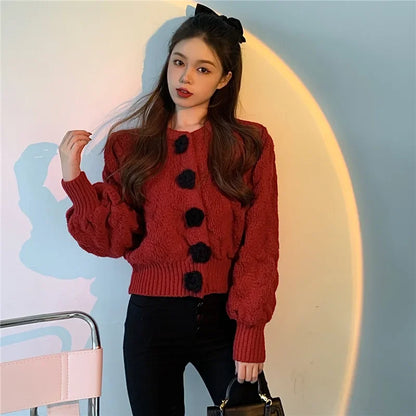 Kvinnors Lång Kofta Stickad Ullblandning med Blommaknappar-4