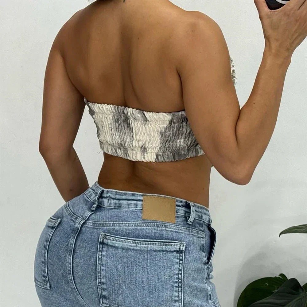 Dam Glittrig Topp Kort Passform med Tryck och Strass i Mjuk Bomullspolyester-3