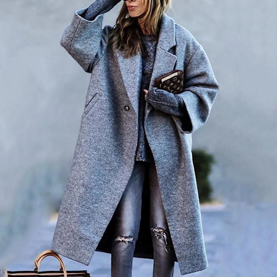 Lång Trenchcoat Dam Ull Enkel Färg Med Långa Ärmar-1