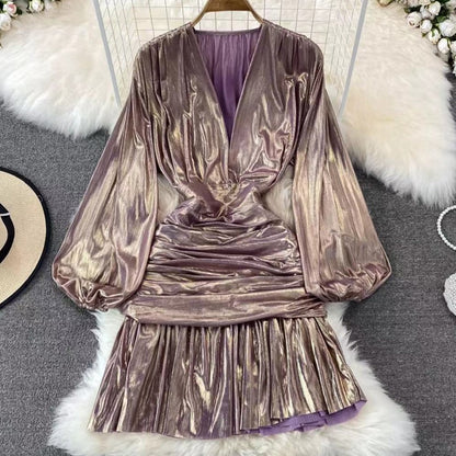 Variant image for Kvinnors Mini Klänning A-Line Polyester Ballongärmar V-ringning-5