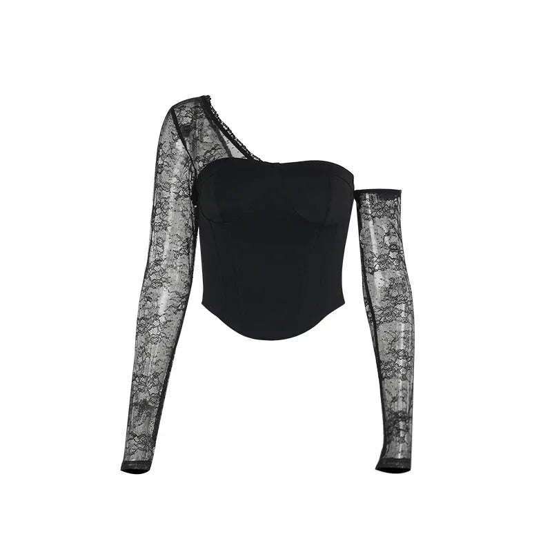 Dam Bustier Asymmetrisk Ärmar Bomullsblandning-6