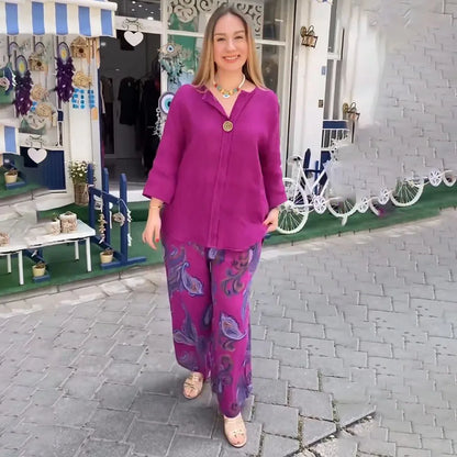 Dam 2-delad Uppsättning V-ringad Blus och Palazzo-byxor i Linne-2