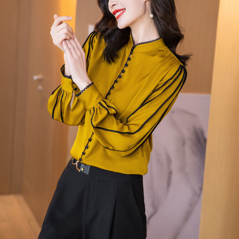 Dam Blus Monokrom Enkel Design Polyester-2