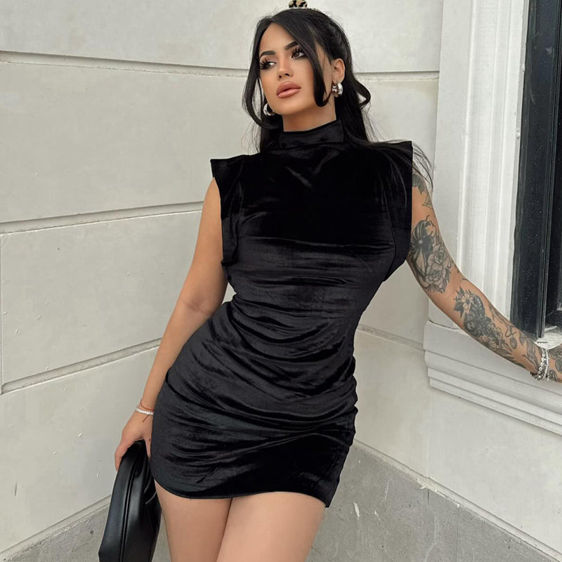 Dam Klänning Draperad Sammet Elegant För Kvällsevenemang-3