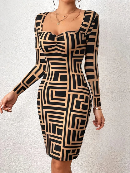 Kvinnors Bodycon Klänning Geometrisk Tryck Långa Ärmar Polyester Elastan-5